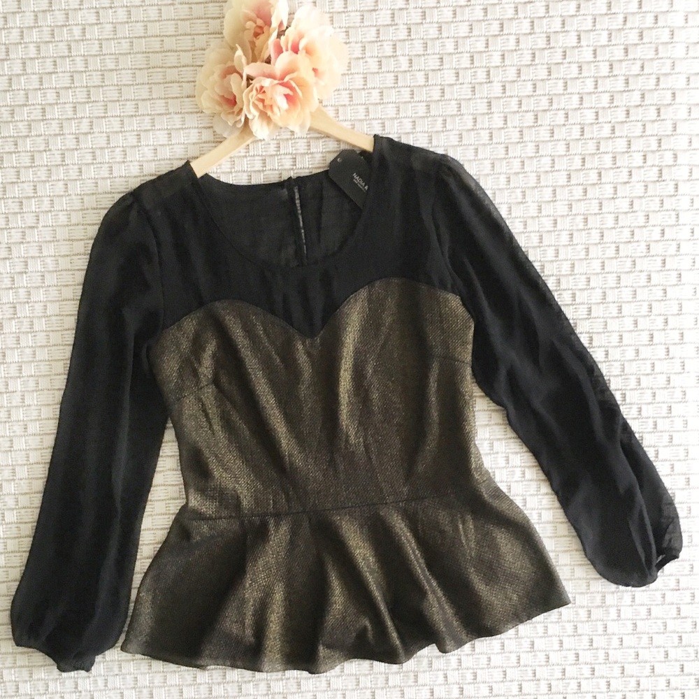 Black with gold metallic peplum top